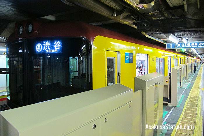 A train bound for Shibuya at Platform 1 Tokyo Metro Asakusa Station