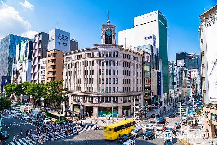 The Ginza 4-chome intersection is the center of Tokyo luxury shopping.