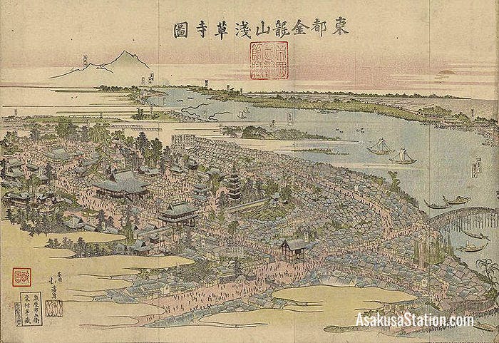 A print by Totoya Hokkei shows Sensoji Temple in 1820 (Public Domain)