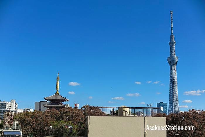 A view of the Asakusa skyline and Tokyo Skytree from the 4th floor of Marugoto Nippon