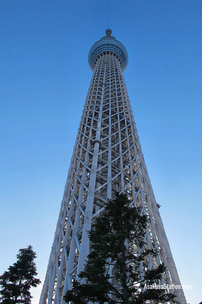 A close-up view of Tokyo Skytree seen from the Tokyo Solamachi commercial complex
