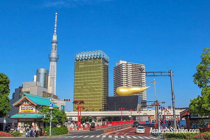 Tokyo Skytree and the golden Asahi Flame viewed from Asakusa