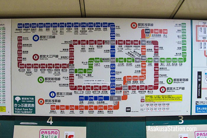 A fare chart for the Toei subway network