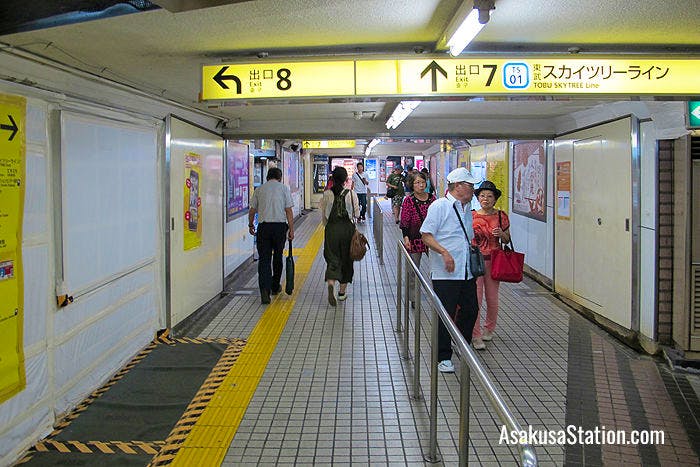 The way to Exits 7 and 8 to Tobu Asakusa Station and the Ekimise