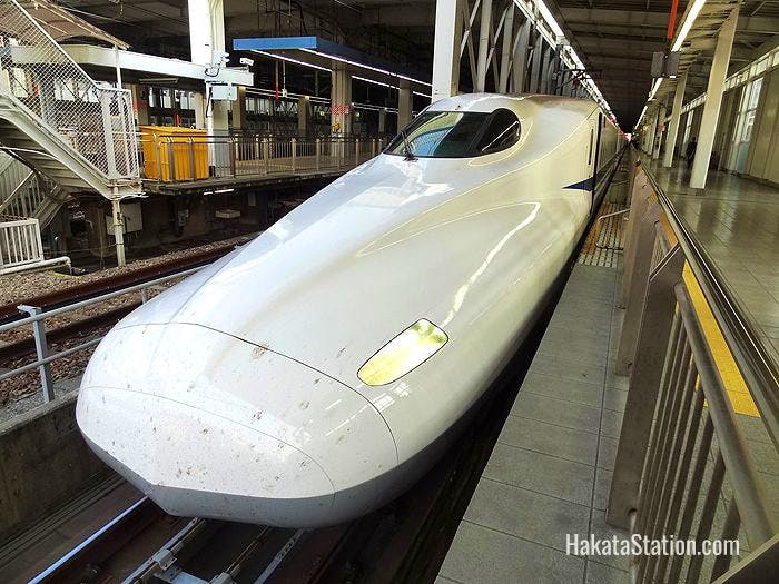 An N700 Series Shinkansen bound for Tokyo set for departure from Hakata Station