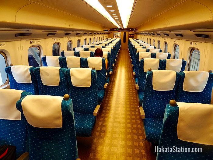 Interior view of a regular carriage on the Sanyo Shinkansen bullet train