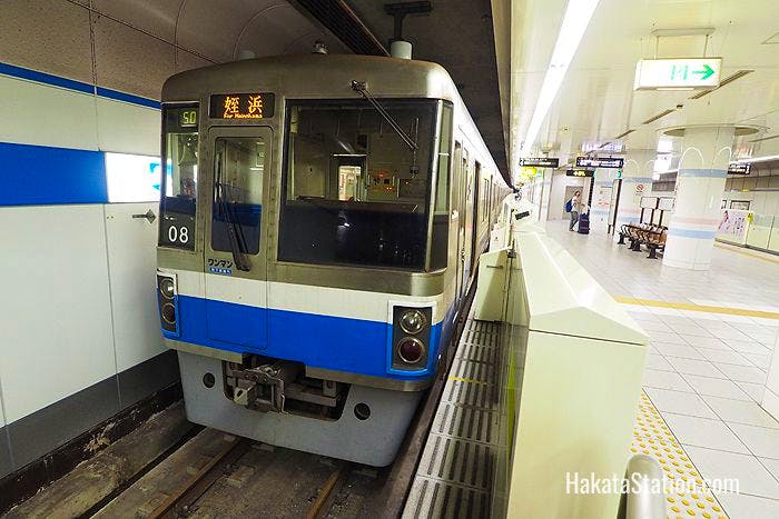 A subway train bound for Meinohama stops at Fukuoka Airport station on the Fukuoka Kuko subway line