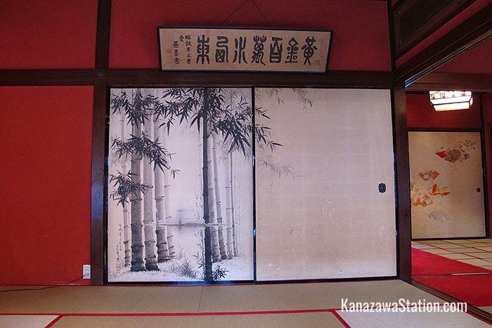 A striking ink painting on sliding fusuma doors