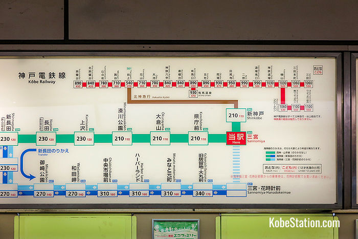 A fare chart above the ticket machines at Sannomiya Station