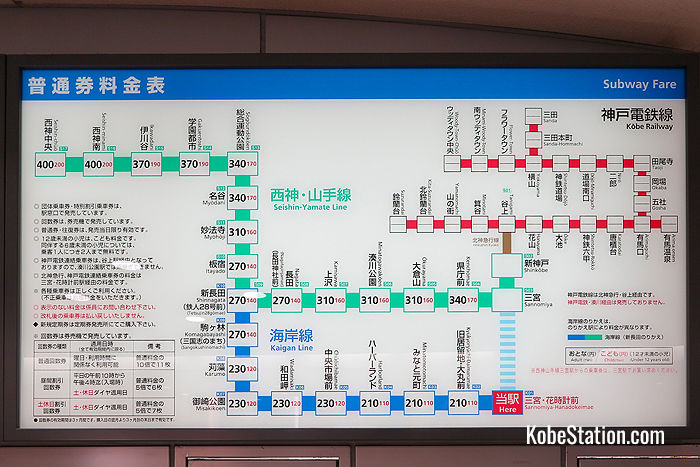 A fare chart above the ticket machines at Sannomiya-Hanadokeimae Station