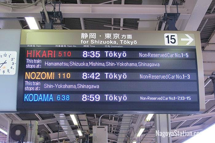 A departure sign at Platform 15 showing the three train types on the Tokaido Shinkansen Line