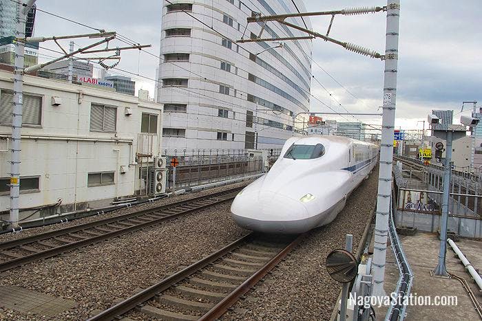 A shinkansen train approaching Nagoya Station