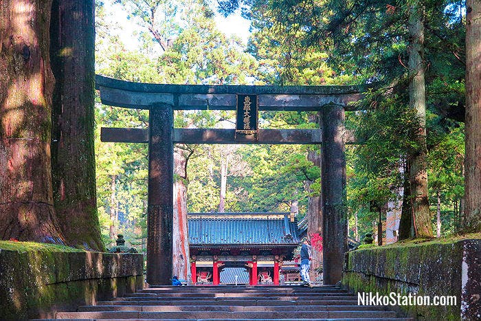 The stone tori gate in front of the Nikko Toshogu Shrine