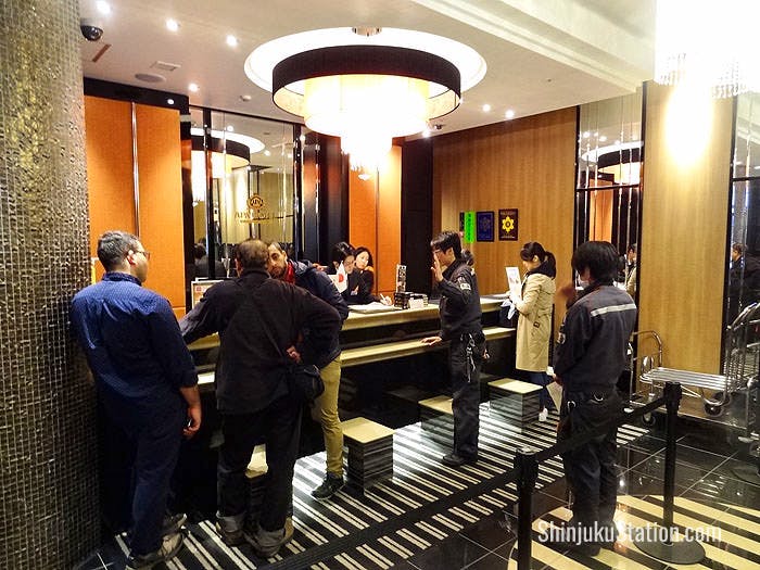 The hotel has a small but glitzy lobby with check-in machines