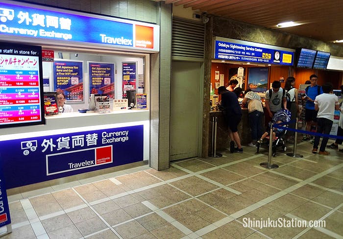 A Travelex booth by the Odakyu Sightseeing Service Center above the West Exit