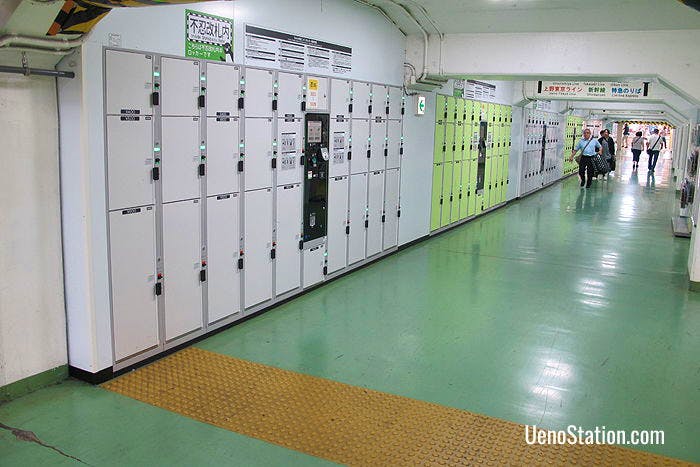 A large bank of lockers inside the Shinobazu Ticket Gates of JR Ueno Station
