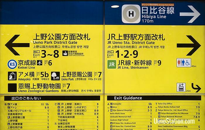 Ginza Line Ueno station exits to Ueno Park, Ueno Zoo, Keisei Line and JR Lines