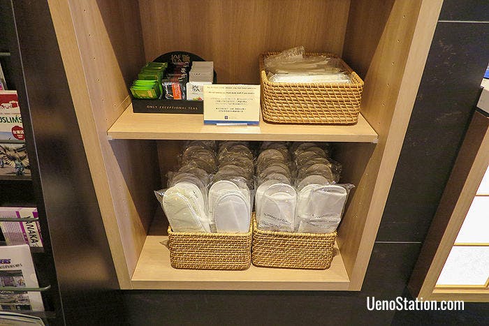 Free tea, coffee, extra slippers and other amenities are available in the lobby